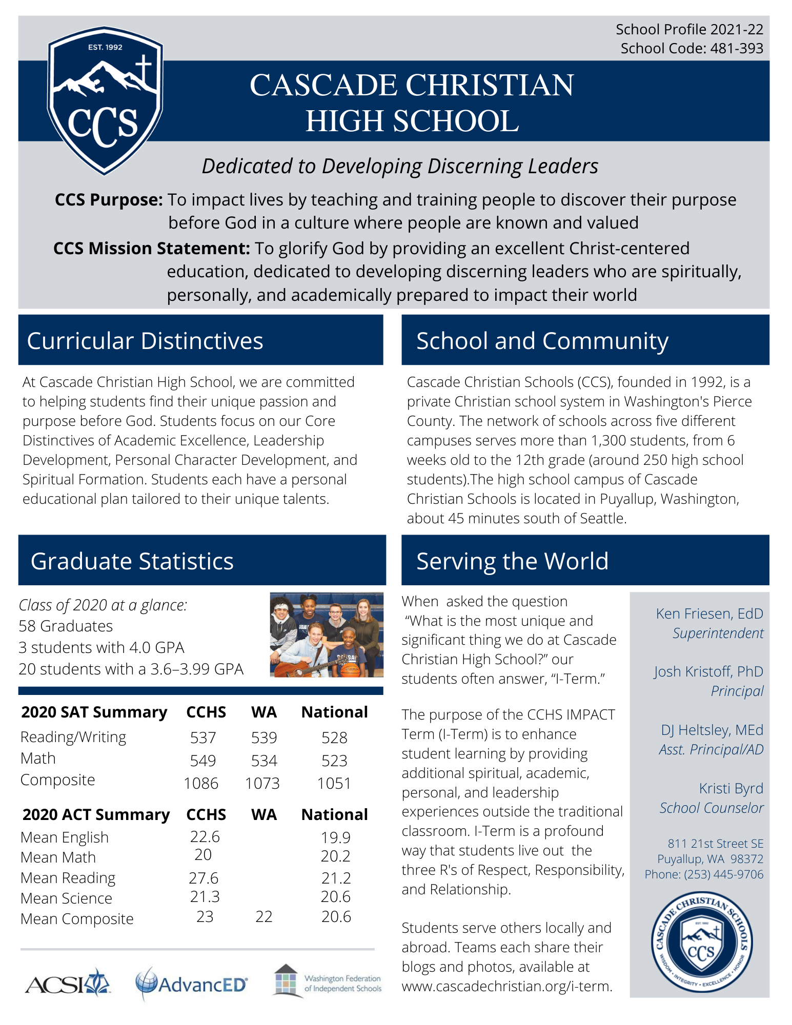 Academic Profile High School Cascade Christian School